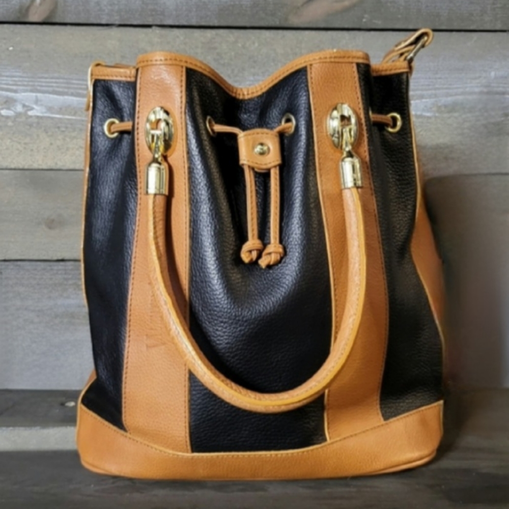 Valentina Two-Tone Drawstring Handbag Italian Leather Bucket Satchel Bag